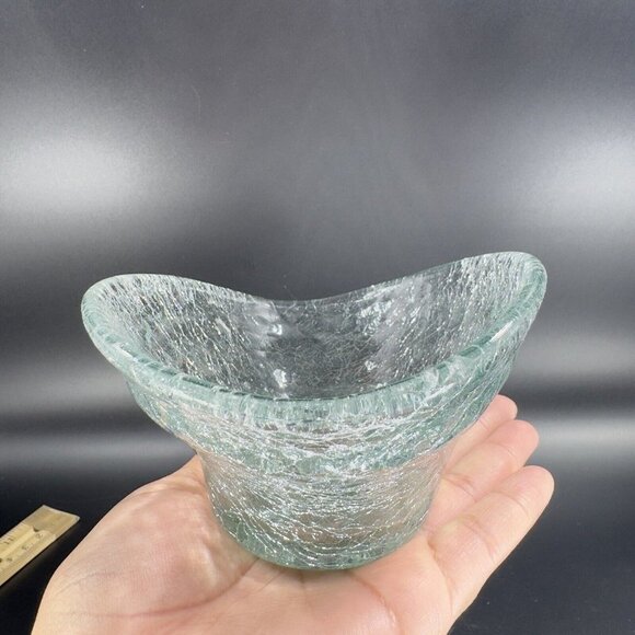 Hand Blown Clear Crackled Glass Folded Dish Bowl Hand Made Glass Decor Vintage - Picture 4 of 16